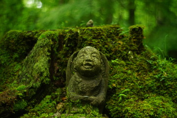 Fototapeta na wymiar Smiled stone statue in japanese moss garden of Sanzenin, Kyoto