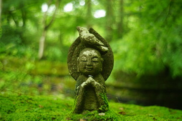 Fototapeta premium Smiled stone statue in japanese moss garden of Sanzenin, Kyoto