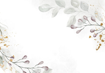 Pale watercolor leaves on white background - vertical botanical design banner. Floral pastel watercolor, vintage style