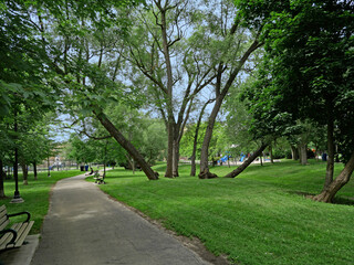 Local neighborhood park in an urban area with grass, shade trees, and benches around a path