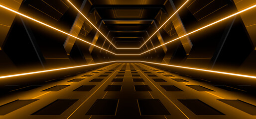 Sci Fy neon lamps in a dark corridor. Reflections on the floor and walls. 3d rendering image.
