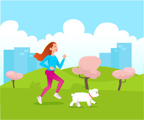 Woman running on the park with her dog