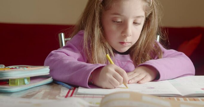 Cute little girl at home doing homework drawing on school's book
