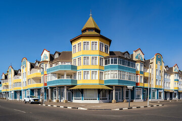 Colourful colonial buildings in coastal town of Swakopmund in Namibia, southwest Africa. 