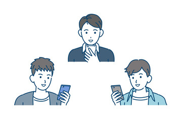 連絡を取る　スマホでやり取りする　若い男性達　友達　若者　笑顔　携帯電話　イラスト素材