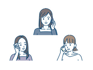 連絡を取る　電話する　若い女性達　友達　若者　笑顔　携帯電話　通話　イラスト素材