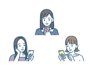 連絡を取る　スマホでやり取りする　若い女性達　友達　若者　笑顔　携帯電話　イラスト素材