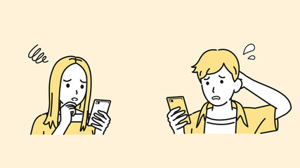 連絡を取る　スマホでやり取りする　若い男女　カップル　若者　困る　不安　悩む　問題　イラスト素材