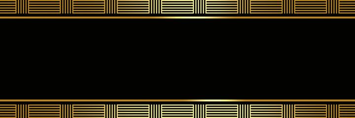 Black background with gold trim border pattern, elegant modern design in shiny metallic yellow  - obrazy, fototapety, plakaty