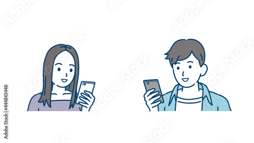 連絡を取る スマホでやり取りする 若い男女 カップル 若者 笑顔 携帯電話 イラスト素材 Wall Mural Senryu