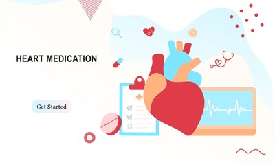 Landing page of modern heart medication, heart disease research concept. Studying heart model, drugs and heartbeat diagram. Vector illustration cardiovascular system, cholesterol, medical examination.