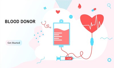 Blood donation, blood donor charity concept. World blood donor day, health care for banner, poster, card, UI, web. Landing page template for blood bank, clinic, hospital. Flat vector illustration.