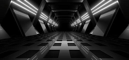 Obraz premium A dark tunnel lit by white neon lights. Reflections on the floor and walls. 3d rendering image.