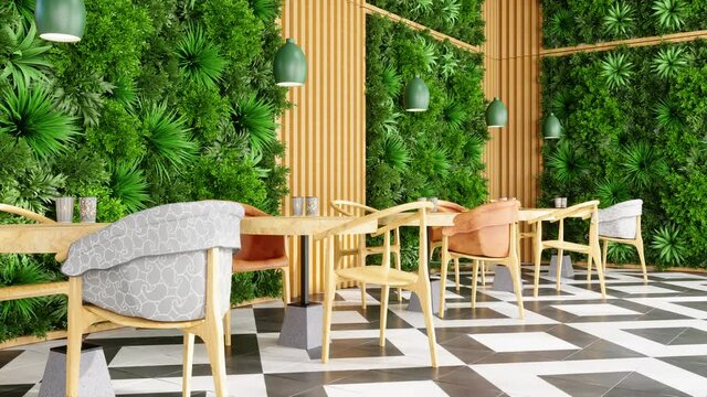 Modern Cafe Interior With Wooden Table, Chairs And Vertical Garden. Eco-Friendly Cafe With Creeper Plant On The Wall