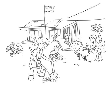 The students are cleaning the school yard. Hand drawn vector illustration