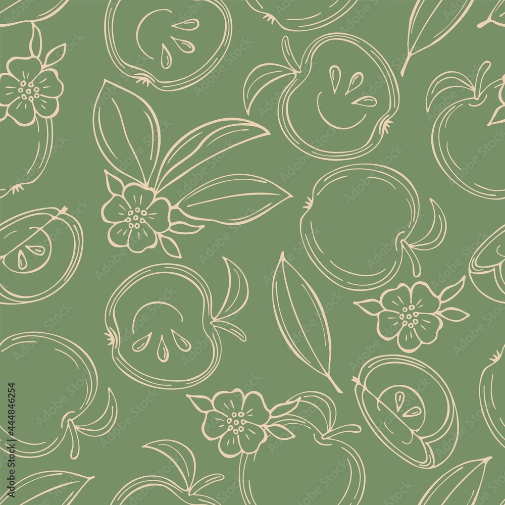 Aufkleber seamless pattern with beige contour apples and slice apples on green background. vector