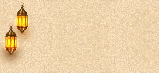 Islamic pattern background with hanging lanterns - 444846201