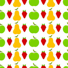 Seamless pattern with whole green apples and yellow pears with leaves, red berries. Fresh and juicy vegetarian healthy food. Simple minimalistic print. Vector illustration background