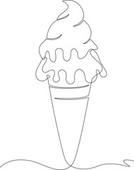 Ice cream cone  in continuous line art drawing style. Black line sketch on white background.
