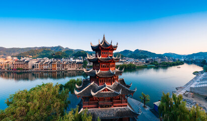 Obraz premium Dusk scenery of Zhenyuan ancient town, Guizhou Province, China