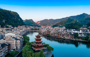 Dusk scenery of Zhenyuan ancient town, Guizhou Province, China
