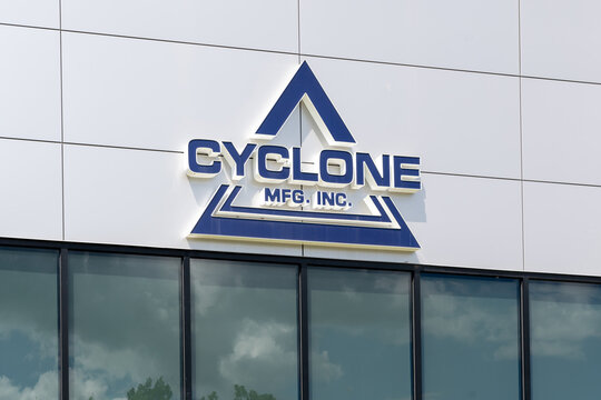 
Mississauga, On, Canada - July 3, 2021: Close up of Cyclone MFG INC. sign at their facility at Century Avenue in Mississauga, On, Canada. Cyclone Manufacturing is a Canadian Aircraft manufacturer. 
