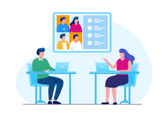 Online business meeting flat vector illustration for banner and landing page