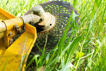 Petrol grass trimmer. Iron disc for cutting trees.