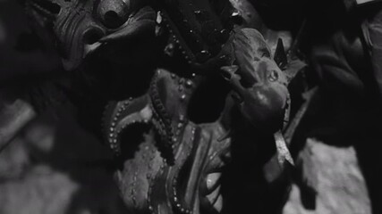 Dangerous mystical animal statue with huge eyes in black and white shot