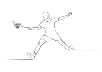 One single line drawing of young male energetic badminton player take opponent's hit graphic vector illustration. Healthy sport concept. Modern continuous line draw design for badminton