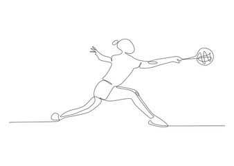 One single line drawing of young female energetic badminton player take opponent's hit graphic vector illustration. Healthy sport concept. Modern continuous line draw design