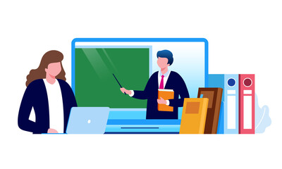 Online education from laptop or computer flat vector illustration for banner and landing page