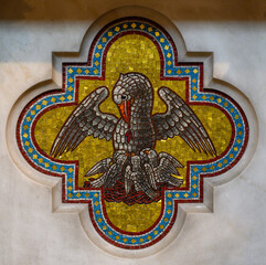 Mosaic of a pelican feeding his offspring with his flesh and blood as a symbol of Jesus Christ....