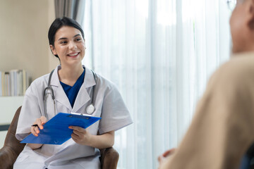 Caucasian caregiver psychology doctor listen carefully to patient man.