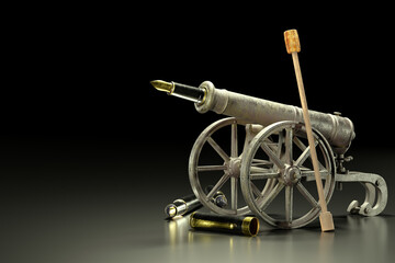 An old rusty cannon on a carriage and a fountain pen to make a cannonball against a dark background. The concept of knowledge warfare or business warfare. 3D illustration rendering.