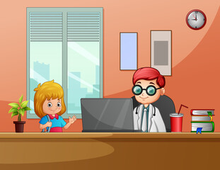 Cartoon cute girl with her father working in front of his computer