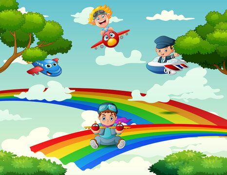 Background of the children playing a plane on a rainbow