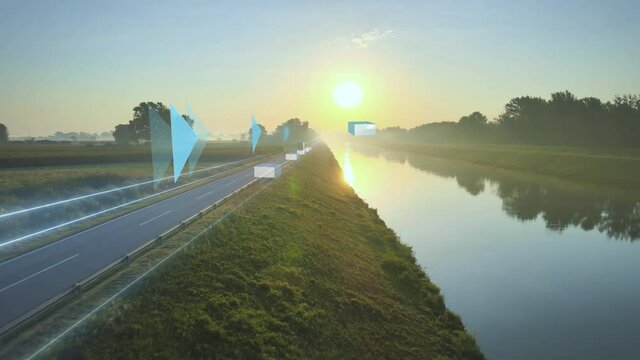 Autonomous cargo Truck driverless on countryside road for fast goods delivery. Artificial intelligence tracking internet shopping