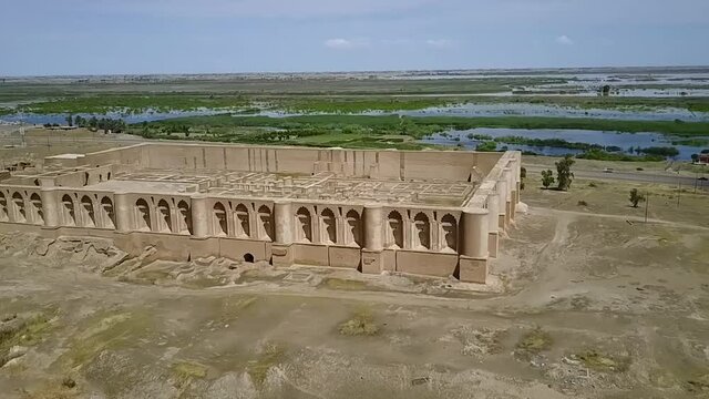 aerial footage of Malwiya Mosque in Samarra Iraq minaret minaret