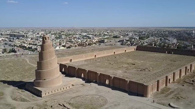 aerial footage of Malwiya Mosque in Samarra Iraq
