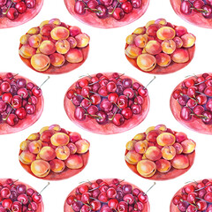 Seamless pattern watercolor plate with cherry and apricot on white background. Hand-drawn sweet red summer food berry and fruit. Clip art object for menu, wallpaper, wrapping, sketchbook