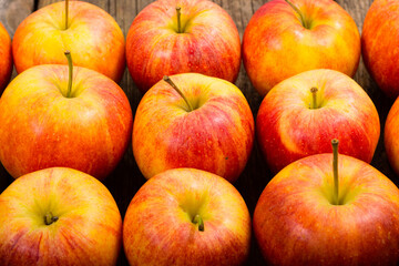 apple fruits in a row, old weathered wood table background