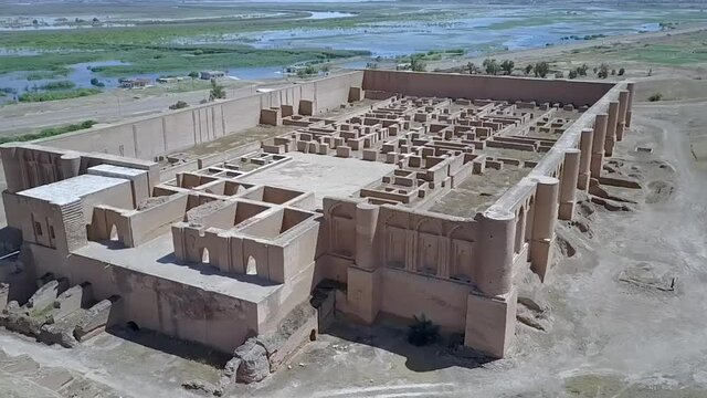 aerial footage of Malwiya Mosque in Samarra Iraq minaret minaret