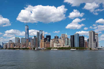 New York city lower Manhattan skyline on clear sunny day