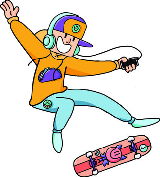 Vector illustration of smart boy skating on white background