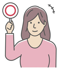 ○×プレートを手に持つ若い女性のイラスト（上半身) / マル・○
