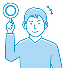 ○×プレートを手に持つ若い男性のイラスト（上半身) / マル・○

