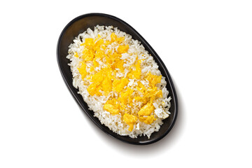 Delicious Jasmine rice on top with scramble egg  isolated on white background