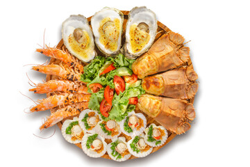 Different shrimps: Spiked shrimp-bear and king prawn, grilled oysters with cheese, scallops with onion and peanuts in a luxurious serving on wooden board isolated on white background