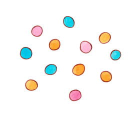 Bright polka dots. Circles collection isolated on white background. The circles are outlined with a contour line. Hand painted with watercolors.
